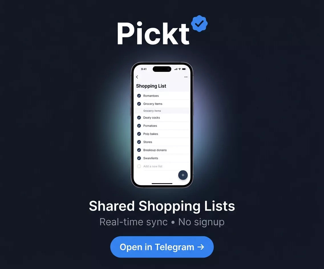 แบนเนอร์แอป Pickt — รายการช้อปปิ้งร่วมกันสำหรับครอบครัวและคู่รักผ่าน Telegram